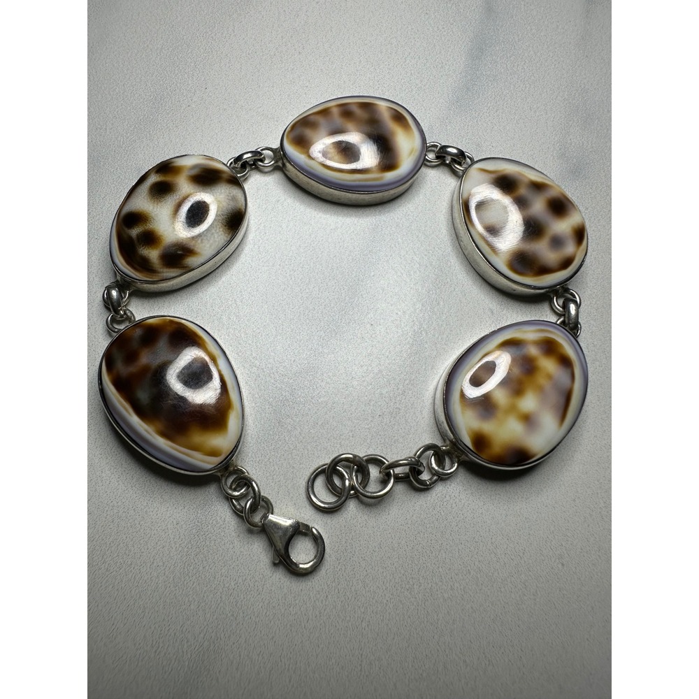 925 Sterling Silver Cowrie Shell Link Bracelet Spotted Brown Cream Cabochon 28g‎